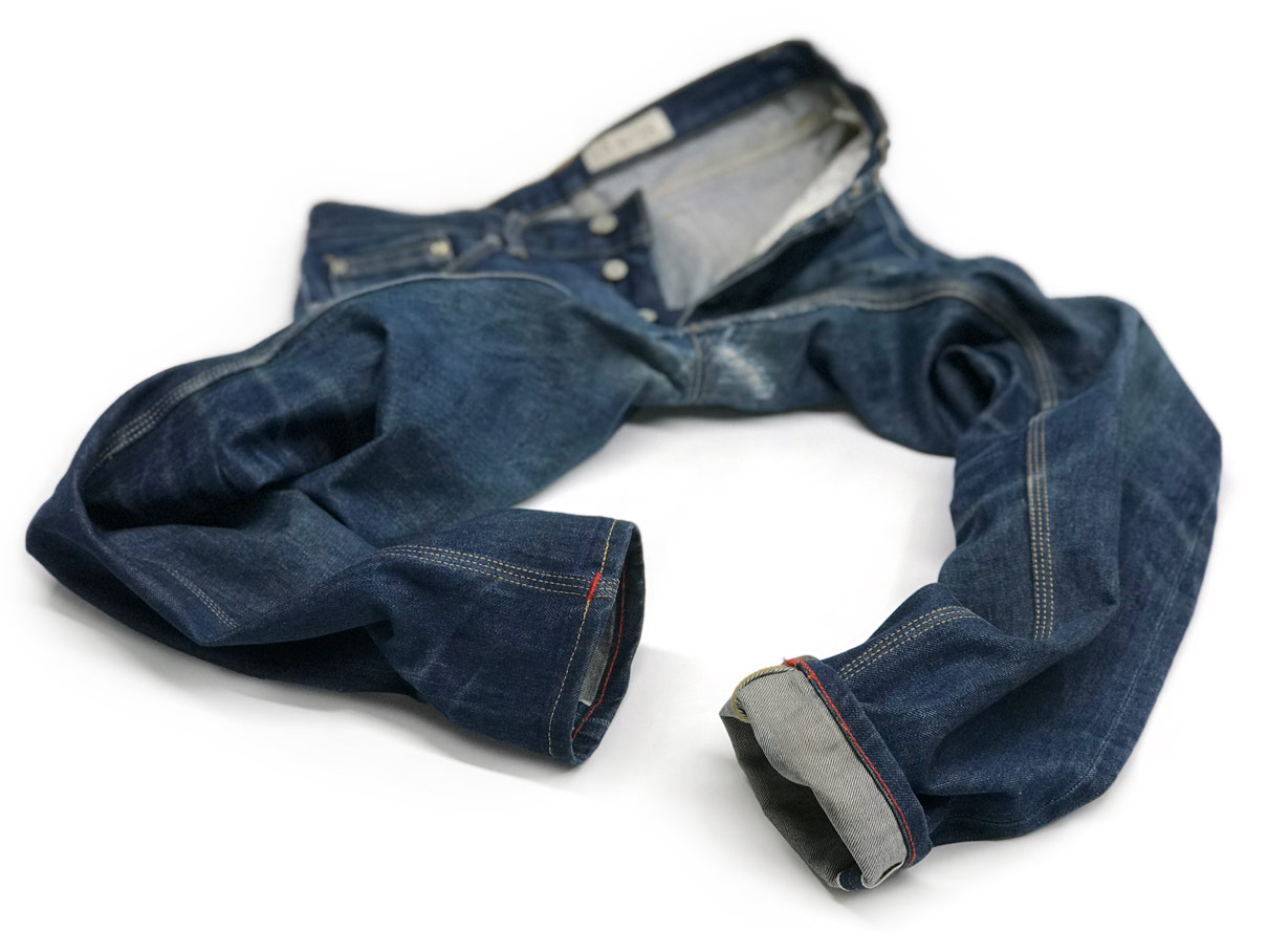 Gustin jeans customized with tapering alterations and crotch blowout repair