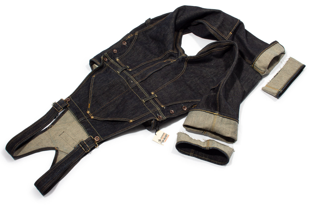 Iron Heart double knee overalls with chain stitch hemming service by Williamsburg Garment Co.