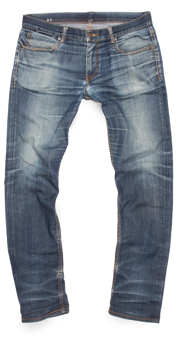 Naturally aged light distressed 4-year old jeans with raw denim fades.