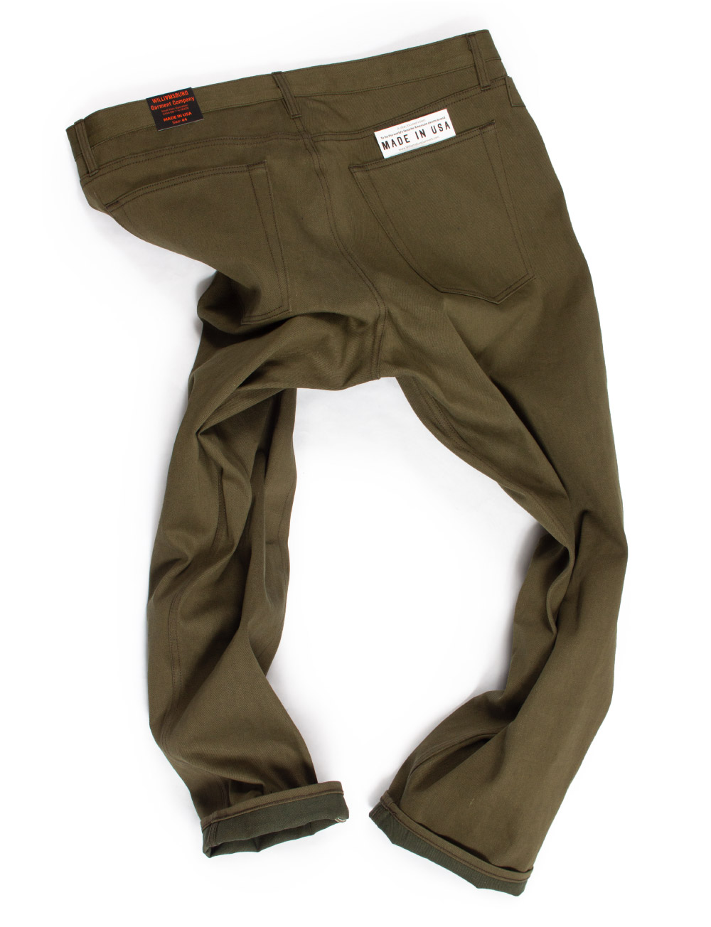 Rear of big men's size 44 Olive Green selvedge custom jeans made in Brooklyn NY by Williamsburg Garment Co.