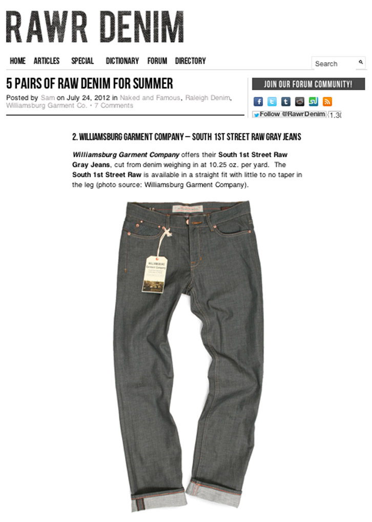 Rawr Denim's 5 pairs of raw denim for summer features Williamsburg Garment Co. gray 10.25-oz jeans