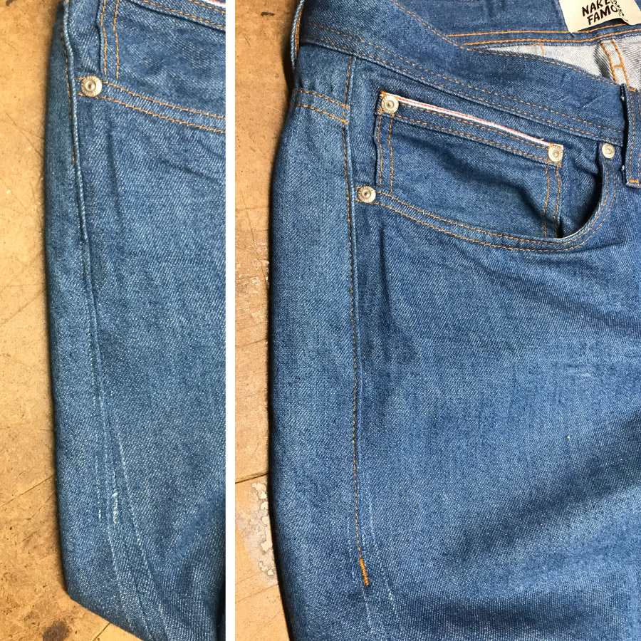 Before & after view of the hip sewing. Bar tacking is re-applied.