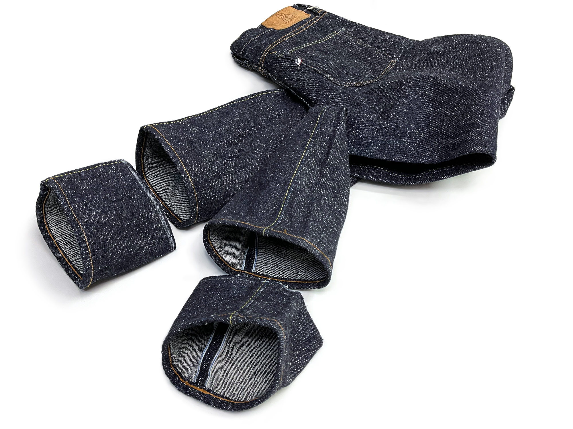 Syoaiya stubby raw selvedge Pure Blue Japan jeans with denim alterations by Williamsburg Garment Co.