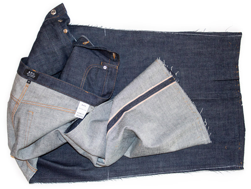 A.P.C. jeans in the tapering process Selvedge raw A.P.C. jeans taken apart for tapering alterations