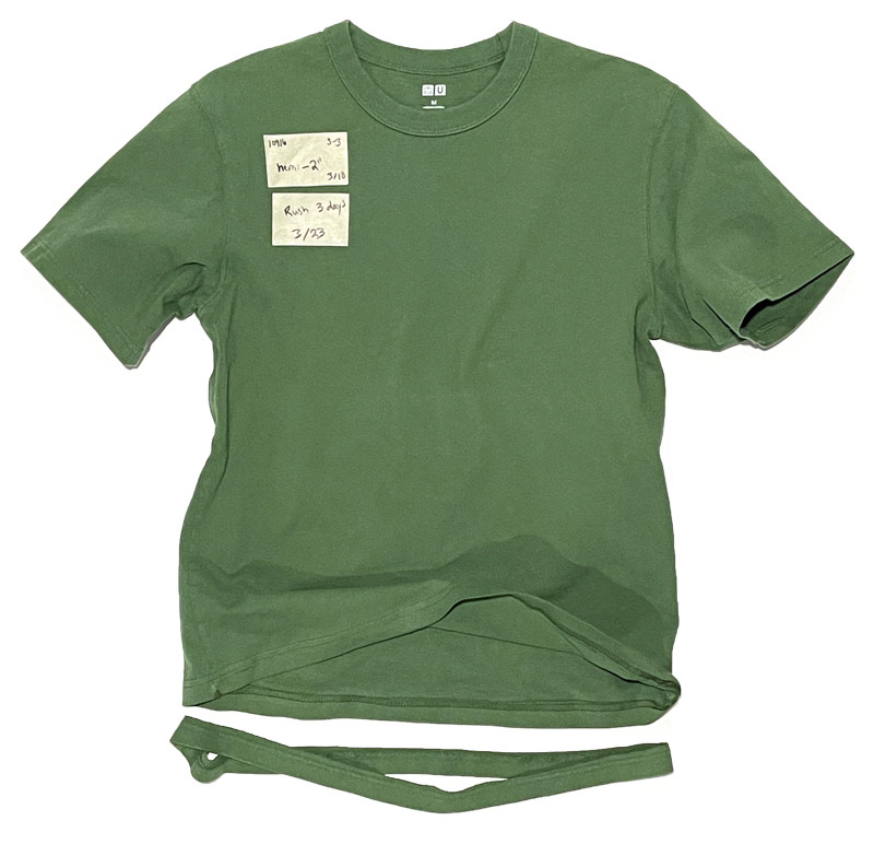 Uniqlo blank green customize t-shirt with fit alterations using Williamsburg Garment Company's new service to shorten the sleeve or body length on tees.