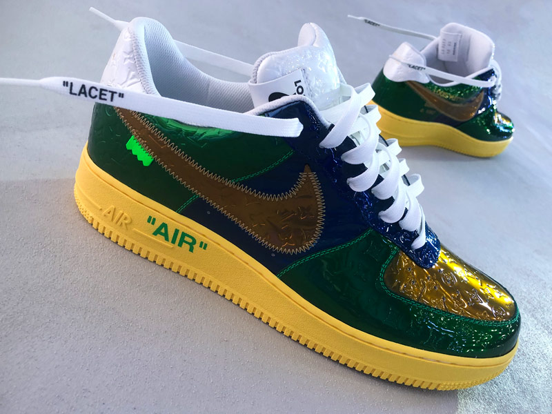 Louis Vuitton Air Force 1 By Virgil Abloh Nike shiny shoes in green, yellow, blue, and gold colors from LV Nike Exhibition in Greenpoint, Brooklyn, New York. 