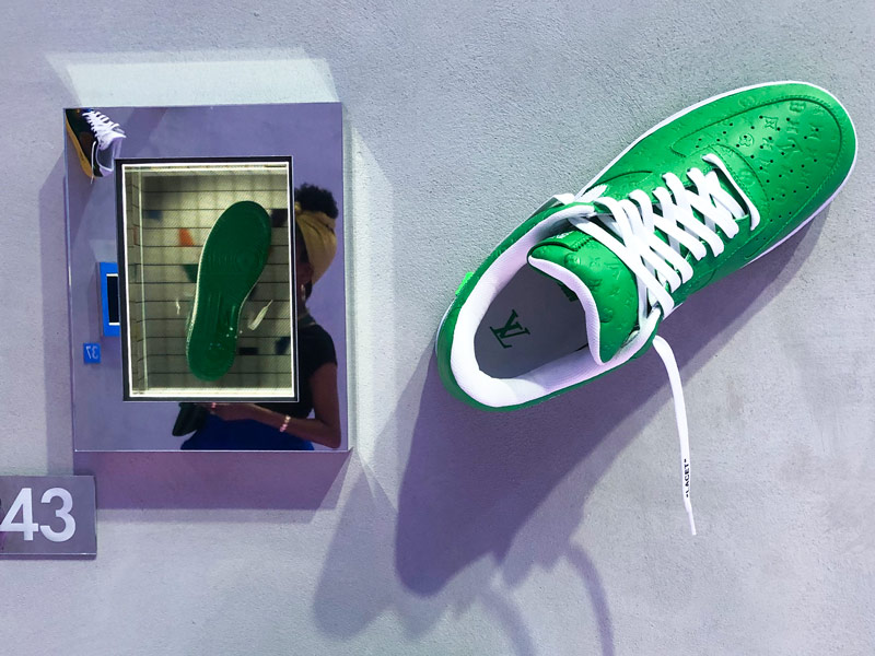 LV Nike "Air Force 1" By Virgil Abloh Exhibition Green sneaker with digital hologram counterpart.