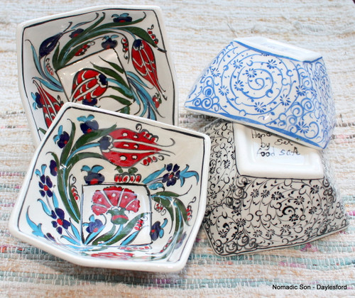 Small cubic ceramic bowls, handmade and hand painted.