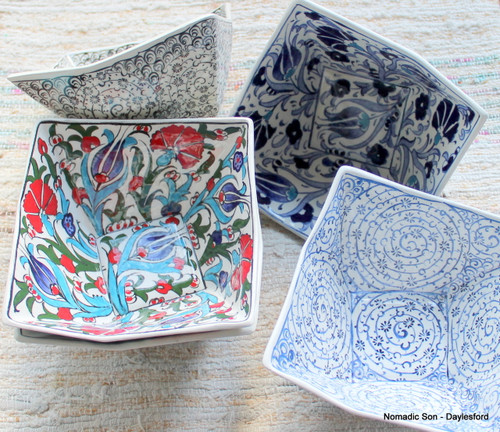 Medium cubic ceramic bowls, handmade and hand painted.