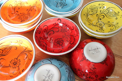 12cm colourful 'Mediterranean' bowls. Food safe, hand wash.
