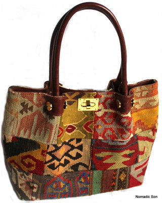 Patchwork kilim and leather clasp handbag
