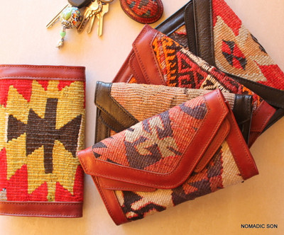 Vintage handwoven kilim and genuine leather hand crafted ladies wallet.
