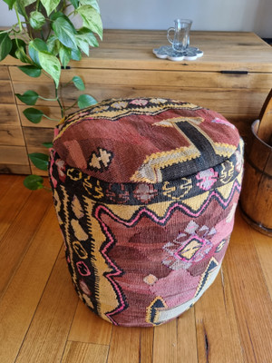 Vintage Kilim Ottoman (50cm height * 45cm diameter) #KO5