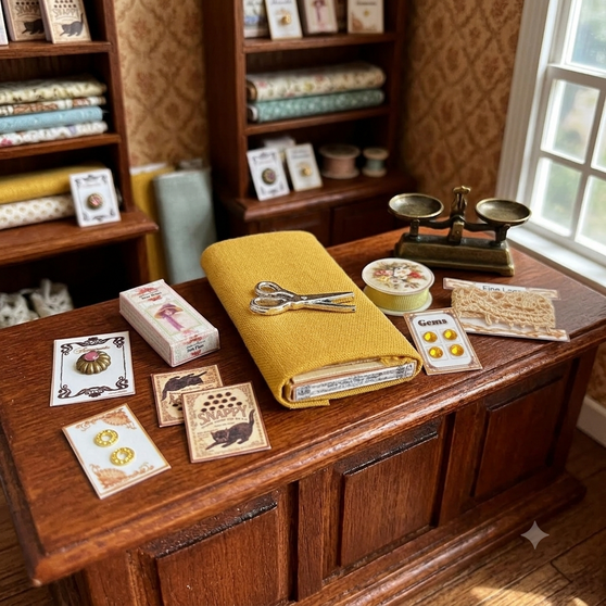Haberdashery Set in gold tones,fabric,ribbon,pins & more 10-items!