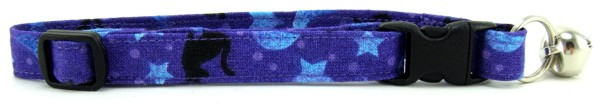 Black cats and  blue stars on a deep purple background cat collar