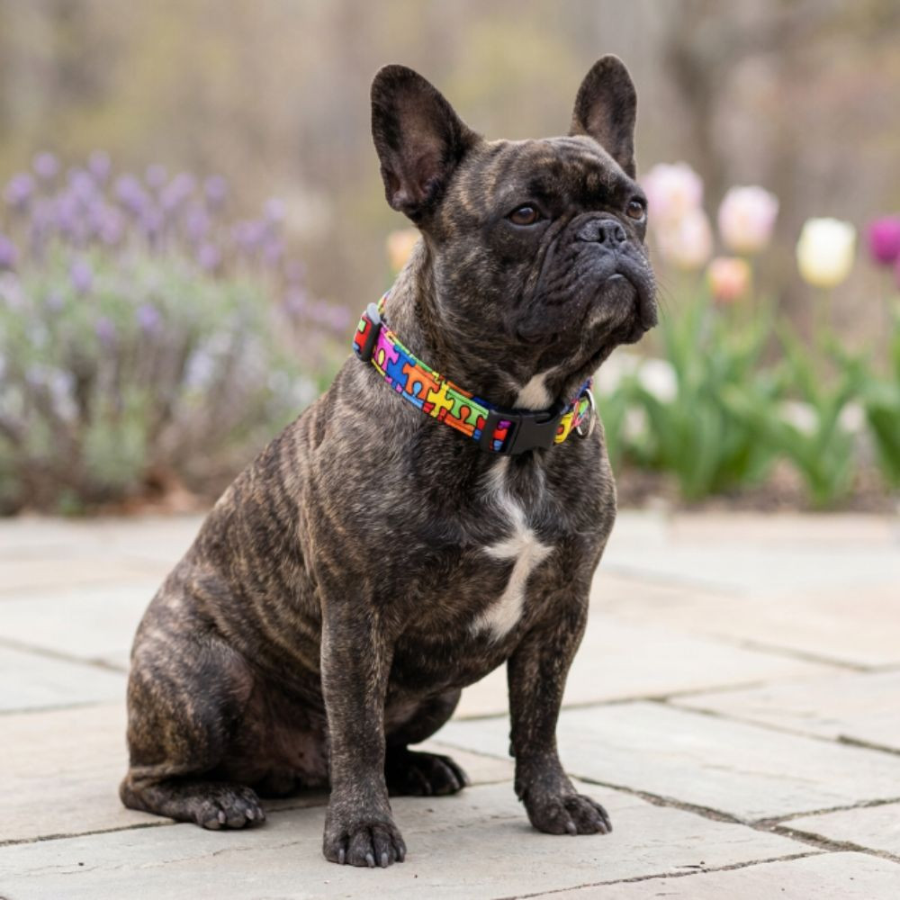 Autism awareness collar on a small dog