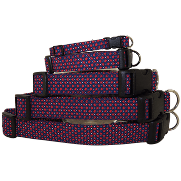 Tiny red stars on navy hearts dog collar, stacked