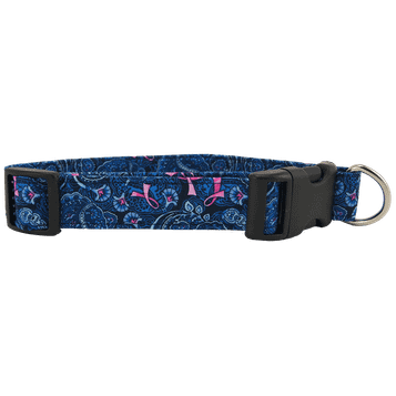 Pink Ribbon Blue Paisley Dog Collar