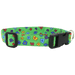 Colorful flowers on tossed on a bright green dog collar