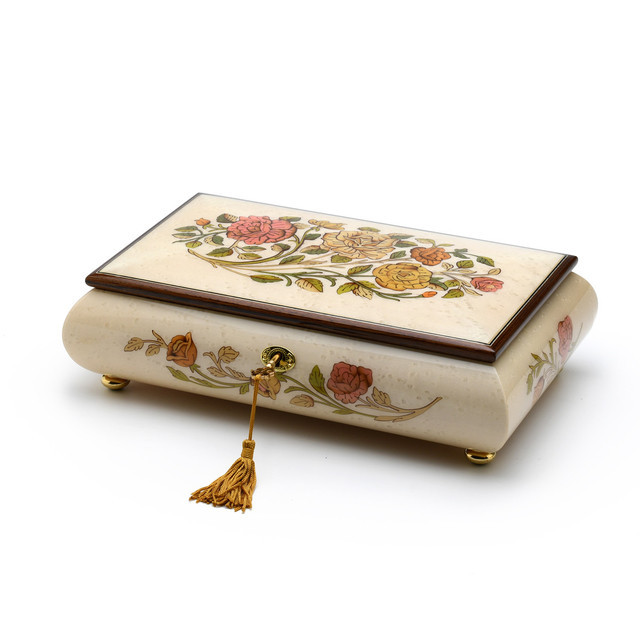 Enchanting Handcrafted Bianco White Music Box with Rose Inlay and