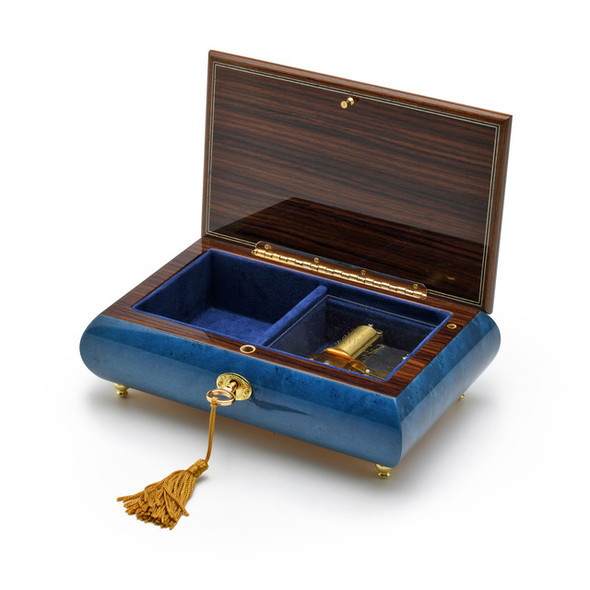 Extravagant Royal Blue Italian Musical Jewelry Box with Red Rose Inlay