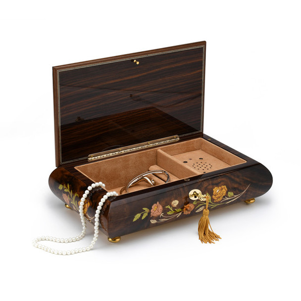 Grandious Handcrafted Roses Inlaid All Around Italian Musical Jewelry Box with Custom Sound Module