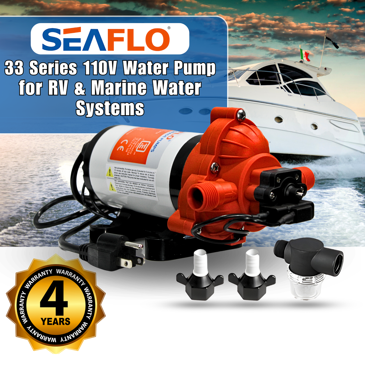 Seaflo Pompe à Membrane 4.5 GPM 12V 40 PSI - Pompe Eau Bateau Yacht Marine