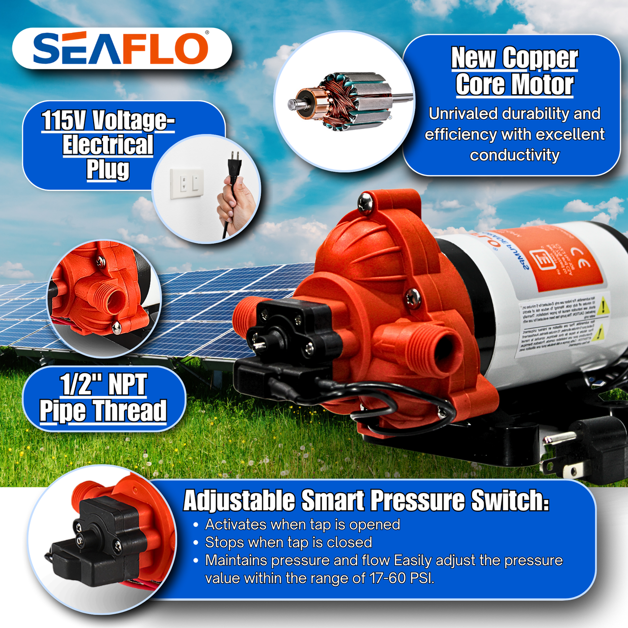 Bomba De Agua SEAFLO Serie 33 – 115 VAC, 3.3 GPM, 45 PSI, Autocebante Y Con Enchufe De Pared, Para Barco Y Casa