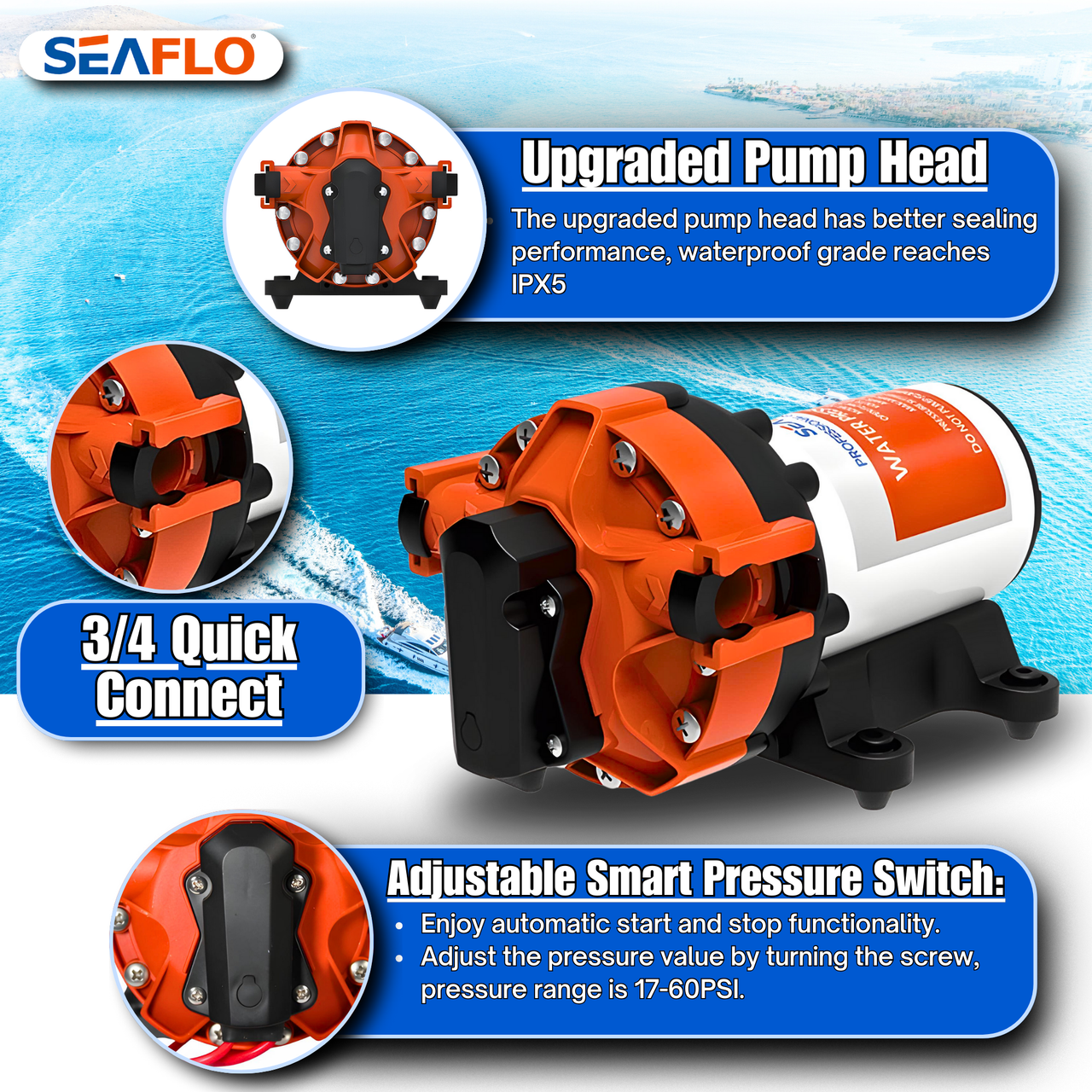 Seaflo 12V Hochdruck-Wasserpumpe – 18,9 L/min, 60 PSI, Automatisch Für Boot & Wohnmobil