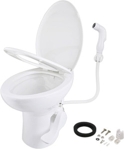 SEAFLO Porcelain RV Toilet with Sprayer Attachment - Elongated Bowl 19” Inch Residential Height, Gravity Flush, Foot Pedal Soft Close Seat Camper Motorhome Easy Install 4 -year Warranty SFRTCH-02-02