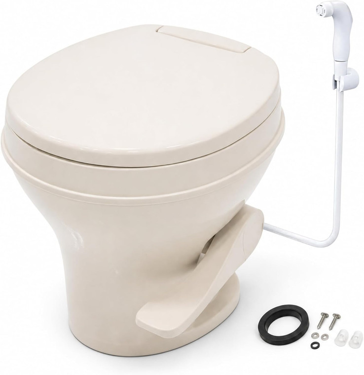 SEAFLO Residential Height Bone Camper/RV Toilet with Sprayer Attachment, 18.5” Standard Height, Gravity Flush System, Pedal Operation, Soft Close Seat, 4-Year Warranty (Bone W/Sprayer Attachment)