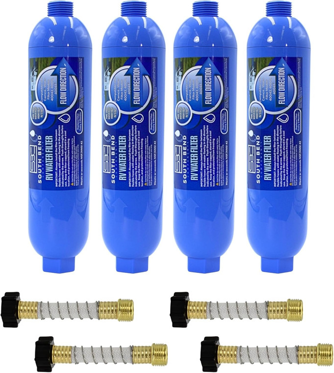 South Bend Components Reverse Osmosis (RO) Camper/RV/Boat/Yacht Water Inline Filter- NSF Certified! Includes ¾” Flexible Hose Protector, Compatible with Camco Water Filter, 40043, 40013, 4004 (4-Pack)