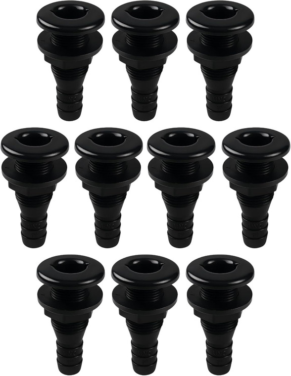 SEAFLO Thru Hull Fitting, Marine Boat, Plastic Drain Overflow Connector, Corrosion Resistant Saltwater Safe, Bilge Port Deck Outlet,(⅝,¾,1,1⅛,1¼,1½, & 2" Options)(1,2,5, &10 Packs)(White/Black)