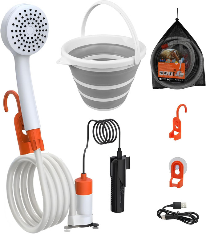 SEAFLO Portable Camping/Outdoor Shower, Rechargeable Battery, 2.64 Gallons Per Min, 40-Minute Runtime Outdoor Camping Pet Washing, Type-C Charging, 80" Hose (with or Without 2.6 Gallon Bucket)