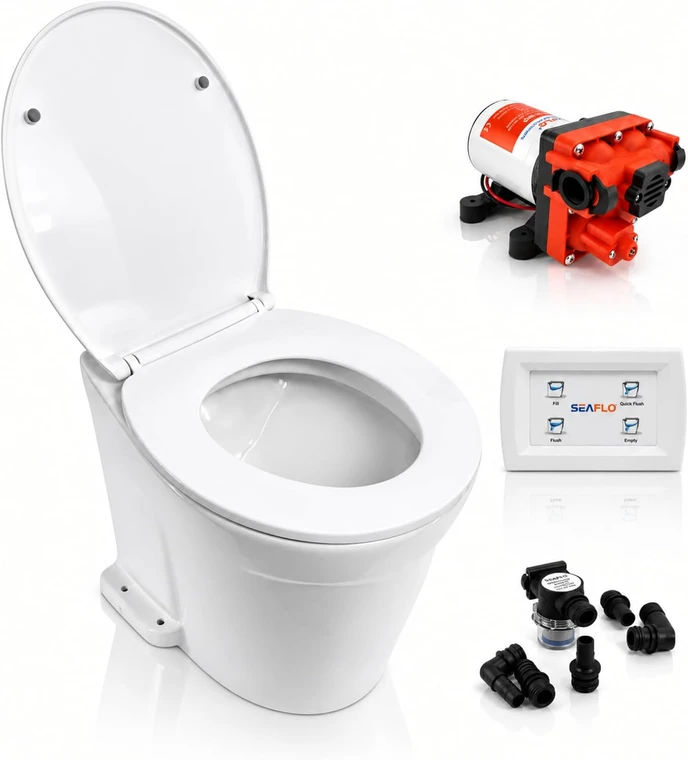 SEAFLO Deluxe Flush Electric Marine Toilets w/ 4-way Flush Panel ( Fresh | Raw Water and 12V | 24V )