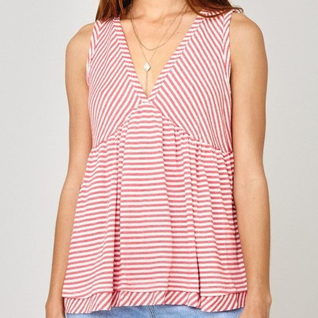 Striped V-Neck Top Red