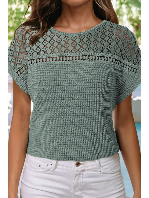 Women's Lace Patchwork Waffle Top Mist Green