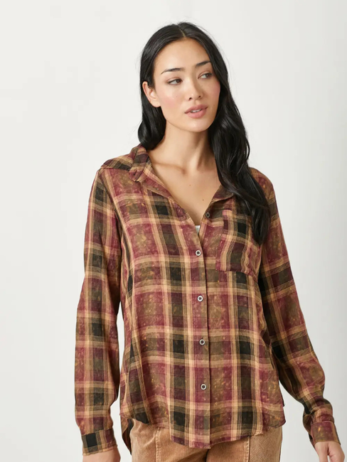 Women's Washed Plaid Shirt Burgundy/Caramel