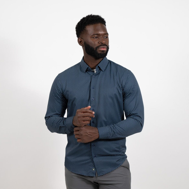 Men's Hustle Sport Shirt Navy Polka Dot LS Slim