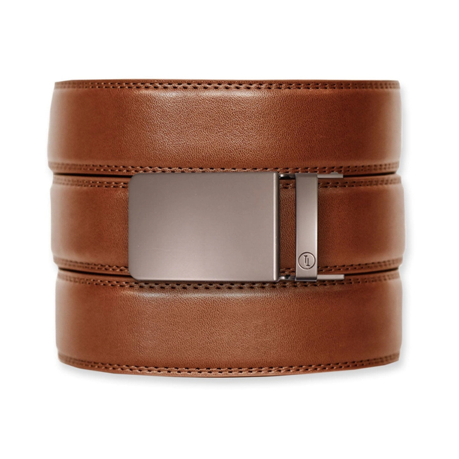 Cognac Leather Ratchet Belt & Buckle Set Gun Metal - OS