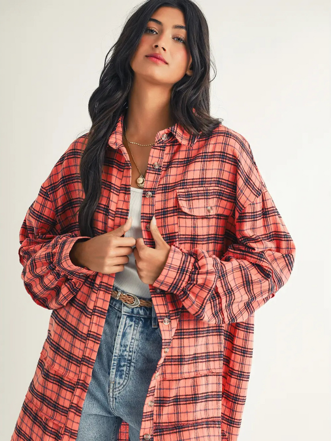 Women's Distressed Plaid Shirt Red