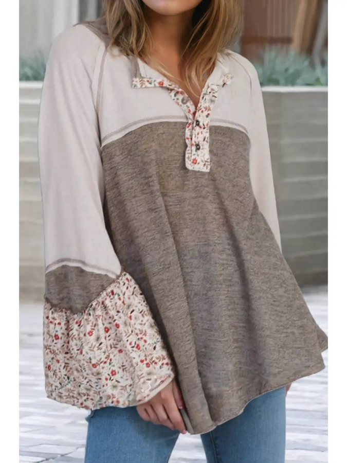 Women's Floral Patchwork Flared Sleeve Top