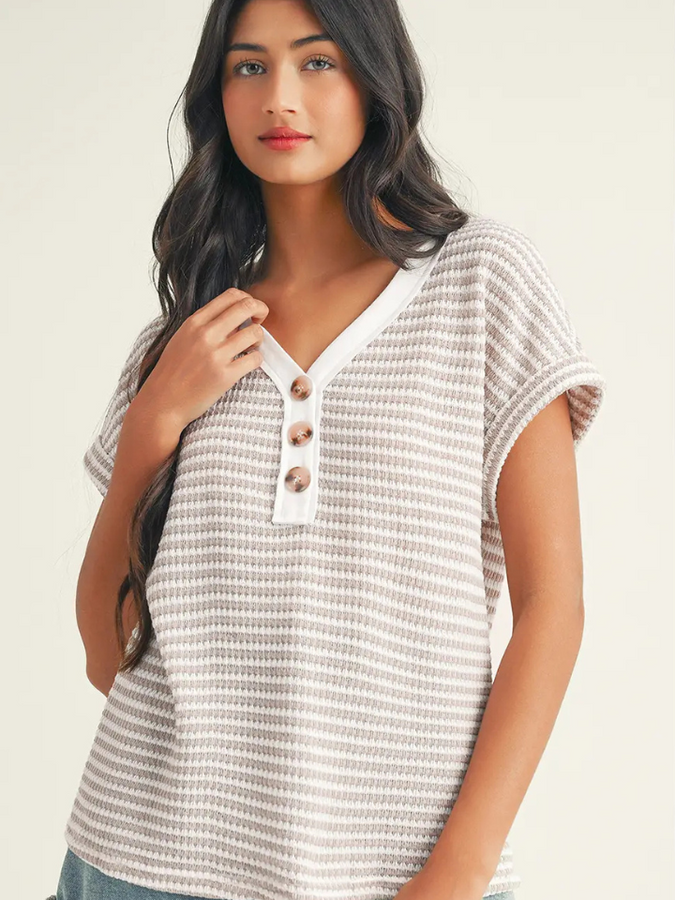 Women's Striped Button Front Knitted Top Khaki