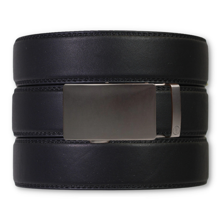  EDC Black Leather Ratchet Belt & Buckle Set Gun Metal