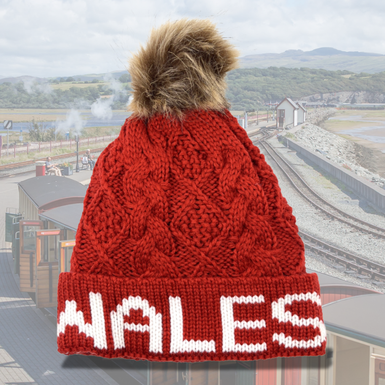 Wales Bobble Hat - Red - Aran Diamond Cable (HAT-644)