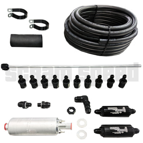 Our kit is -6AN push-lock hose with Fragola fittings, Scram Speed filters  and a 255 lph Walbro inline pump.