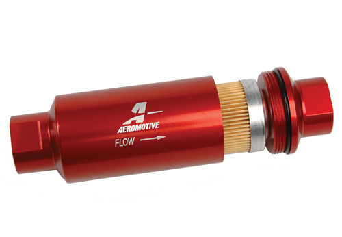 Aeromotive 12301 Filter, In-Line, 10-m Fabric Element, ORB-10 Port, Bright-Dip Red, 2" OD