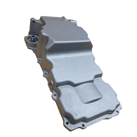 Scram Speed LSX to Fox Body Mustang Engine Swap Oil Pan kit, silver oil pan with mounting bolts and drain plug, compatible with LSX engines and Fox Body Mustang