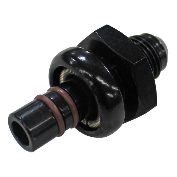 Fragola 5.0 Mustang Fuel Rail Fittings -6AN to Return side of rail in black, motorcycle fuel injector fitting with black and copper components.