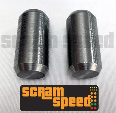 Scram Speed Small Block Ford Bellhousing Dowel Pins, two cylindrical metal dowel pins with a shiny finish for engine assembly.